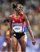 6 August 2024; Winfred Yavi of Team Bahrain celebrates winning the women's 3000m steeplechase final at the Stade de France during the 2024 Paris Summer Olympic Games in Paris, France. Photo by Sam Barnes/Sportsfile