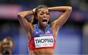6 August 2024; Gabrielle Thomas of Team United States celebrates winning the women's 200m final at the Stade de France during the 2024 Paris Summer Olympic Games in Paris, France. Photo by Sam Barnes/Sportsfile