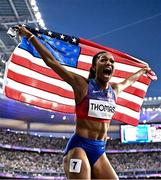 6 August 2024; Gabrielle Thomas of Team United States celebrates winning the women's 200m final at the Stade de France during the 2024 Paris Summer Olympic Games in Paris, France. Photo by Sam Barnes/Sportsfile