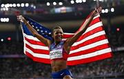 6 August 2024; Gabrielle Thomas of Team United States celebrates winning the women's 200m final at the Stade de France during the 2024 Paris Summer Olympic Games in Paris, France. Photo by Sam Barnes/Sportsfile