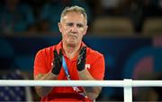6 August 2024; Team United States head coach Billy Walsh watches on during the bout between Omari Jones of Team United States and Asadkhuja Muydinkhujaev of Team Uzbekistan in the men's 71kg semi-final bout at Court Philippe-Chatrier in Roland Garros Stadium during the 2024 Paris Summer Olympic Games in Paris, France. Photo by Brendan Moran/Sportsfile