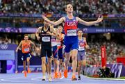 6 August 2024; Cole Hocker of Team United States celebrates winning the men's 1500m final at the Stade de France during the 2024 Paris Summer Olympic Games in Paris, France. Photo by Sam Barnes/Sportsfile