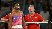 6 August 2024; Omari Jones of Team United States and his coach Billy Walsh during his men's 71kg semi-final bout against Asadkhuja Muydinkhujaev of Team Uzbekistan at Court Philippe-Chatrier in Roland Garros Stadium during the 2024 Paris Summer Olympic Games in Paris, France. Photo by Brendan Moran/Sportsfile