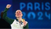 6 August 2024; Kellie Harrington of Team Ireland celebrates with her gold medal after defeating Wenlu Yang of Team People's Republic of China in their women's 60kg final bout at Court Philippe-Chatrier in Roland Garros Stadium during the 2024 Paris Summer Olympic Games in Paris, France. Photo by David Fitzgerald/Sportsfile