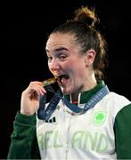 6 August 2024; Kellie Harrington of Team Ireland celebrates with her gold medal after defeating Wenlu Yang of Team People's Republic of China in their women's 60kg final bout  at Court Philippe-Chatrier in Roland Garros Stadium during the 2024 Paris Summer Olympic Games in Paris, France. Photo by Brendan Moran/Sportsfile