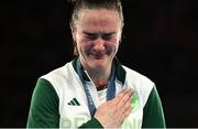 6 August 2024; An emotional Kellie Harrington of Team Ireland on the podium after defeating Wenlu Yang of Team People's Republic of China in their women's 60kg final bout  at Court Philippe-Chatrier in Roland Garros Stadium during the 2024 Paris Summer Olympic Games in Paris, France. Photo by Brendan Moran/Sportsfile
