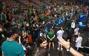 6 August 2024; Kellie Harrington of Team Ireland, right, sings to the supporters after defeating Wenlu Yang of Team People's Republic of China during their women's 60kg final boutat Court Philippe-Chatrier in Roland Garros Stadium during the 2024 Paris Summer Olympic Games in Paris, France. Photo by Stephen McCarthy/Sportsfile