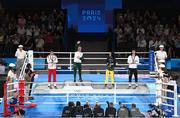 6 August 2024; Women's 60kg medallists, from left, silver medallist Wenlu Yang of Team Peoples's Republic of China, gold medallist Kellie Harrington of Team Ireland, and bronze medallists Beatriz Soares Ferreira of Team Brazil and Shih Yi Wu of Team Chinese Taipei during the medal presentation at Court Philippe-Chatrier in Roland Garros Stadium during the 2024 Paris Summer Olympic Games in Paris, France. Photo by Stephen McCarthy/Sportsfile