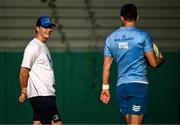 6 August 2024; Assistant coach Tyler Bleyendaal and Ross Byrne during a Leinster Rugby open training session at Lansdowne FC in Dublin. Photo by Harry Murphy/Sportsfile