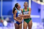 7 August 2024; Sophie O’Sullivan of Team Ireland, right, with Daniely Joselyn Brea of Team Venezuela, after finishing fourth in her women's 1500m repechage at the Stade de France during the 2024 Paris Summer Olympic Games in Paris, France. Photo by Sam Barnes/Sportsfile