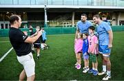 6 August 2024; Max Deegan and Scott Penny with supporters during a Leinster Rugby open training session at Lansdowne FC in Dublin. Photo by Harry Murphy/Sportsfile