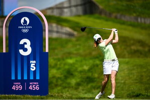 7 August 2024; Leona Maguire of Team Ireland watches her drive from the third tee box during round one of the women's individual strokeplay at Le Golf National during the 2024 Paris Summer Olympic Games in Paris, France. Photo by Brendan Moran/Sportsfile
