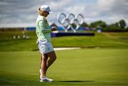 7 August 2024; Stephanie Meadow of Team Ireland waits to make her final putt in the 18th green in during round one of the women's individual strokeplay at Le Golf National during the 2024 Paris Summer Olympic Games in Paris, France. Photo by Brendan Moran/Sportsfile
