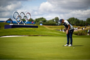 7 August 2024; Perrine Delacour of Team France putts on the 18th green during round one of the women's individual strokeplay at Le Golf National during the 2024 Paris Summer Olympic Games in Paris, France. Photo by Brendan Moran/Sportsfile