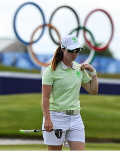 7 August 2024; Leona Maguire of Team Ireland in action on the eighteenth green during round one of the women's individual strokeplay at Le Golf National during the 2024 Paris Summer Olympic Games in Paris, France. Photo by Brendan Moran/Sportsfile