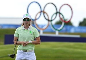 7 August 2024; Leona Maguire of Team Ireland in action on the eighteenth green during round one of the women's individual strokeplay at Le Golf National during the 2024 Paris Summer Olympic Games in Paris, France. Photo by Brendan Moran/Sportsfile