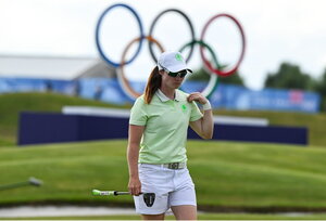 7 August 2024; Leona Maguire of Team Ireland in action on the eighteenth green during round one of the women's individual strokeplay at Le Golf National during the 2024 Paris Summer Olympic Games in Paris, France. Photo by Brendan Moran/Sportsfile