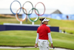 7 August 2024; Amy Yang of Team Republic of Korea in action during round one of the women's individual strokeplay at Le Golf National during the 2024 Paris Summer Olympic Games in Paris, France. Photo by Brendan Moran/Sportsfile