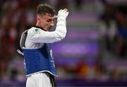 7 August 2024; Jack Woolley of Team Ireland reacts after his defeat against Adrian Vincente Yunta of Team Spain during the men's -58kg Repechage at the Grand Palais during the 2024 Paris Summer Olympic Games in Paris, France. Photo by Stephen McCarthy/Sportsfile