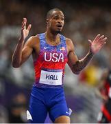 7 August 2024; Quincy Hall of Team USA celebrates after winning the men's 400m final at the Stade de France during the 2024 Paris Summer Olympic Games in Paris, France. Photo by David Fitzgerald/Sportsfile
