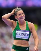 8 August 2024; Kate O’Connor of Team Ireland celebrates after a clearance of 1.77m during the women's heptathlon high jump at the Stade de France during the 2024 Paris Summer Olympic Games in Paris, France. Photo by Brendan Moran/Sportsfile