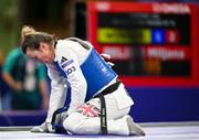 8 August 2024; Jade Jones of Team Great Britain after her defeat by Miljana Reljikj of Team North Macedonia during the women's -57kg round of 16 at the Grand Palais during the 2024 Paris Summer Olympic Games in Paris, France. Photo by Stephen McCarthy/Sportsfile