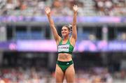 8 August 2024; Kate O’Connor of Team Ireland waves to crowd after her final attempt in the women's heptathlon high jump at the Stade de France during the 2024 Paris Summer Olympic Games in Paris, France. Photo by Brendan Moran/Sportsfile