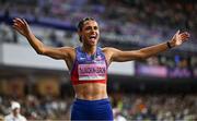8 August 2024; Sydney McLaughlin-Levrone of Team United States celebrates after winning gold in the women's 400m hurdles, with a world record time of 50.37s, at the Stade de France during the 2024 Paris Summer Olympic Games in Paris, France. Photo by Sam Barnes/Sportsfile