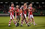 8 August 2024; St Patrick's Athletic players, from left, Kian Leavy, Aaron Bolger, Jamie Lennon, and Mason Melia after their side's victory in the UEFA Conference League third qualifying round first leg match between St Patrick's Athletic and Sabah at Tallaght Stadium in Dublin. Photo by Seb Daly/Sportsfile
