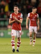 8 August 2024; Kian Leavy of St Patrick's Athletic applauds their supporters after the UEFA Conference League third qualifying round first leg match between St Patrick's Athletic and Sabah at Tallaght Stadium in Dublin. Photo by Thomas Flinkow/Sportsfile