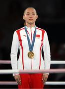 8 August 2024; Yuan Chang of Team China with her gold medal at the medal presentation for the women's 54kg at Court Philippe-Chatrier in Roland Garros Stadium during the 2024 Paris Summer Olympic Games in Paris, France. Photo by Stephen McCarthy/Sportsfile