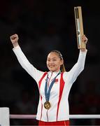 8 August 2024; Yuan Chang of Team China with her gold medal at the medal presentation for the women's 54kg at Court Philippe-Chatrier in Roland Garros Stadium during the 2024 Paris Summer Olympic Games in Paris, France. Photo by Stephen McCarthy/Sportsfile