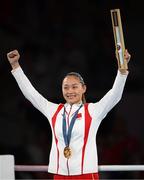 8 August 2024; Yuan Chang of Team China with her gold medal at the medal presentation for the women's 54kg at Court Philippe-Chatrier in Roland Garros Stadium during the 2024 Paris Summer Olympic Games in Paris, France. Photo by Stephen McCarthy/Sportsfile