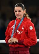 8 August 2024; Hatice Akbas of Team Turkey with her silver medal at the medal presentation for the women's 54kg at Court Philippe-Chatrier in Roland Garros Stadium during the 2024 Paris Summer Olympic Games in Paris, France. Photo by Stephen McCarthy/Sportsfile
