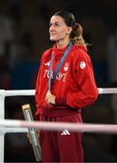8 August 2024; Hatice Akbas of Team Turkey with her silver medal at the medal presentation for the women's 54kg at Court Philippe-Chatrier in Roland Garros Stadium during the 2024 Paris Summer Olympic Games in Paris, France. Photo by Stephen McCarthy/Sportsfile