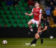 8 August 2024; Kian Leavy of St Patrick's Athletic in action against Amin Seydiyev of Sabah during the UEFA Conference League third qualifying round first leg match between St Patrick's Athletic and Sabah at Tallaght Stadium in Dublin. Photo by Seb Daly/Sportsfile