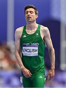 9 August 2024; Mark English of Team Ireland reacts after failing to qualify in the men's 800m semi-final at the Stade de France during the 2024 Paris Summer Olympic Games in Paris, France. Photo by Sam Barnes/Sportsfile