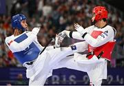 9 August 2024; Joaquin Churchill Martinez of Team Chile, left, in action against Seo Geonwoo of Team South Korea during the men's -80kg round of 16 at the Grand Palais during the 2024 Paris Summer Olympic Games in Paris, France. Photo by David Fitzgerald/Sportsfile