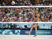 8 August 2024; Taliqua Clancy of Team Australia during the women's beach volleyball semi final match between Team Brazil and Team Australia at the Eiffel Tower Stadium during the 2024 Paris Summer Olympic Games in Paris, France. Photo by David Fitzgerald/Sportsfile