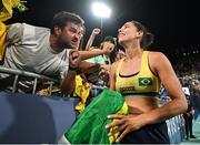 8 August 2024; Duda Lisboa of Team Brazil celebrates after the women's beach volleyball semi final match between Team Brazil and Team Australia at the Eiffel Tower Stadium during the 2024 Paris Summer Olympic Games in Paris, France. Photo by David Fitzgerald/Sportsfile