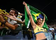 8 August 2024; Duda Lisboa of Team Brazil celebrates after the women's beach volleyball semi final match between Team Brazil and Team Australia at the Eiffel Tower Stadium during the 2024 Paris Summer Olympic Games in Paris, France. Photo by David Fitzgerald/Sportsfile