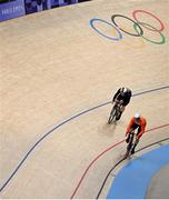 9 August 2024; Jack Carlin of Team Great Britain, left, and Jeffrey Hoogland of Team Netherlands during the men's sprint finals at the Saint-Quentin-en-Yvelines National Velodrome during the 2024 Paris Summer Olympic Games in Paris, France. Photo by David Fitzgerald/Sportsfile