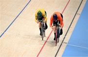 9 August 2024; Matthew Richardson of Team Australia, left, and Harrie Lavreysen of Team Netherlands during the men's sprint finals at the Saint-Quentin-en-Yvelines National Velodrome during the 2024 Paris Summer Olympic Games in Paris, France. Photo by David Fitzgerald/Sportsfile