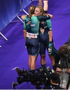9 August 2024; Lara Gillespie, right, and Alice Sharpe of Team Ireland after the women's madison final at the Saint-Quentin-en-Yvelines National Velodrome during the 2024 Paris Summer Olympic Games in Paris, France. Photo by David Fitzgerald/Sportsfile