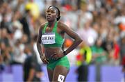 9 August 2024; Rhasidat Adeleke of Team Ireland reacts after finishing fourth in the women's 400m final at the Stade de France during the 2024 Paris Summer Olympic Games in Paris, France. Photo by Sam Barnes/Sportsfile