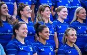 9 August 2024; Leinster players, back row, from left, Jemma Farrell, Aimee Clarke, Ailsa Hughes, Cara Martin, Emma Tilly, with, front row, from left, Christy Haney, Eimear Corri and Aoife Dalton during the Leinster Rugby women's jersey presentation at Energia Park in Dublin. Photo by Shauna Clinton/Sportsfile