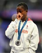 9 August 2024; An emotional silver medalist Salwa Eid Naser of Team Bahrain during the victory ceremony for the women's 400m at the Stade de France during the 2024 Paris Summer Olympic Games in Paris, France. Photo by Brendan Moran/Sportsfile