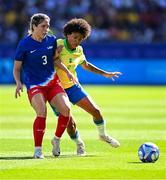 10 August 2024; Korbin Albert of Team United States in action against Vitoria Yaya of Team Brazil during the women's gold medal match between Team Brazil and Team United States at Parc des Princes during the 2024 Paris Summer Olympic Games in Paris, France. Photo by Stephen McCarthy/Sportsfile