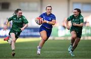 10 August 2024; Aoife Dalton of Leinster makes a break, past Connacht players Grainne Moran, left, and Meabh Deely, during the Vodafone Women’s Interprovincial Championship Round One match between Leinster and Connacht at Energia Park in Dublin. Photo by Seb Daly/Sportsfile