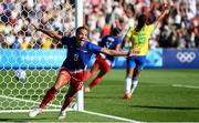 10 August 2024; Mallory Swanson of Team United States celebrates after scoring her side's first goal during the women's gold medal match between Team Brazil and Team United States at Parc des Princes during the 2024 Paris Summer Olympic Games in Paris, France. Photo by Stephen McCarthy/Sportsfile